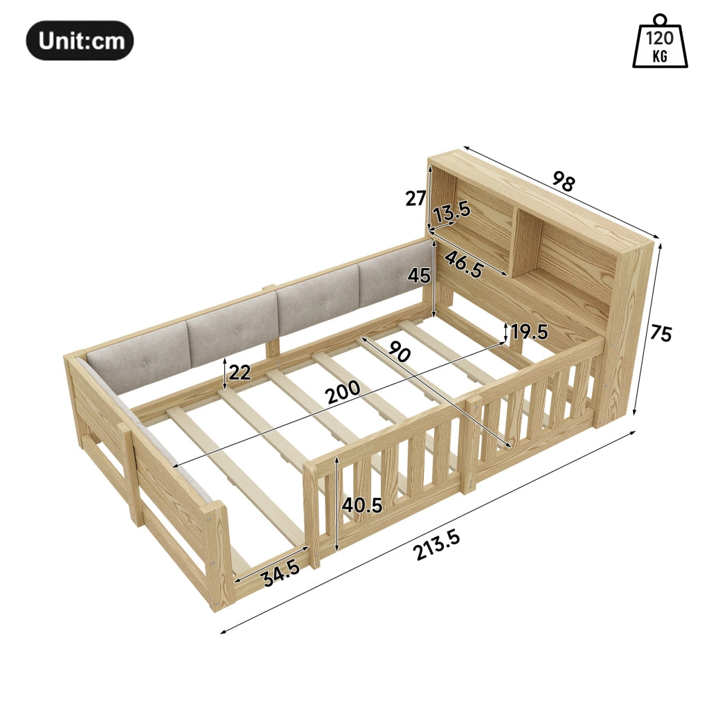 Letto per bambini 90 x 200 cm con sponde, LED e vano contenitore