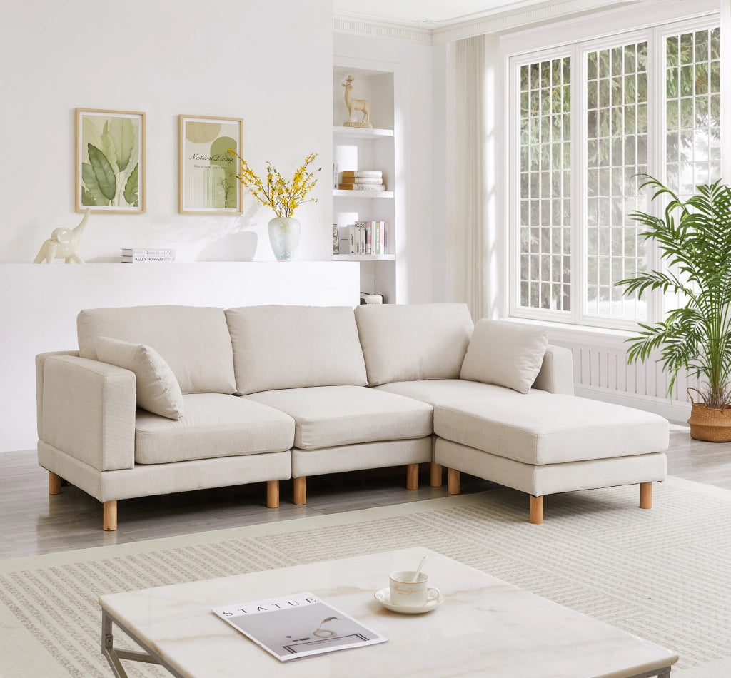 Divano Angolare 3 Posti con Poggiapiedi ¨C MINIMAL ¨C Beige, Tessuto Poliestere, Gambe Massello, 235x152x78 cm