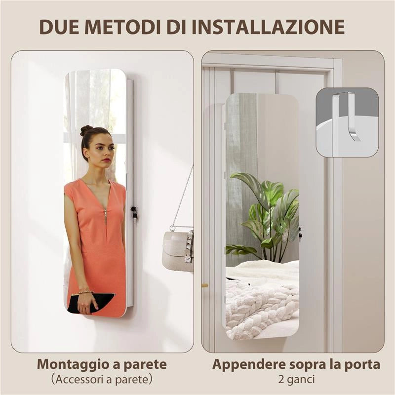 SPECCHIERA PORTAGIOIE DA PARETE E PORTA CON SPECCHIO INTERNO ILLUMINATO E SERRATURA, 37X10X120 CM