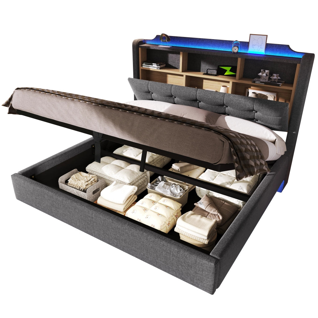 Letto imbottito idraulico con USB LED 140x200 cm colore grigio lino