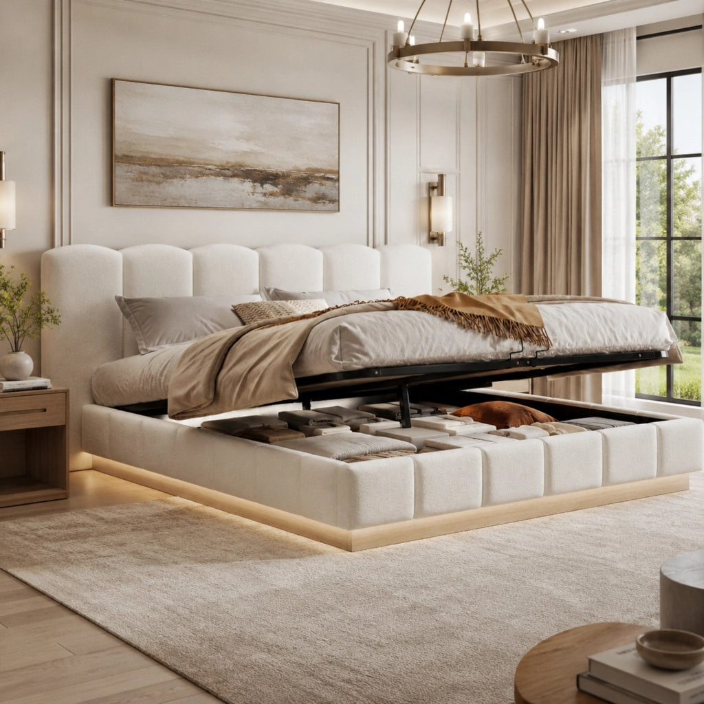 Letto Contenitore 180x200 cm con LED; Rete e Testiera Imbottita in Bouclé Bianco