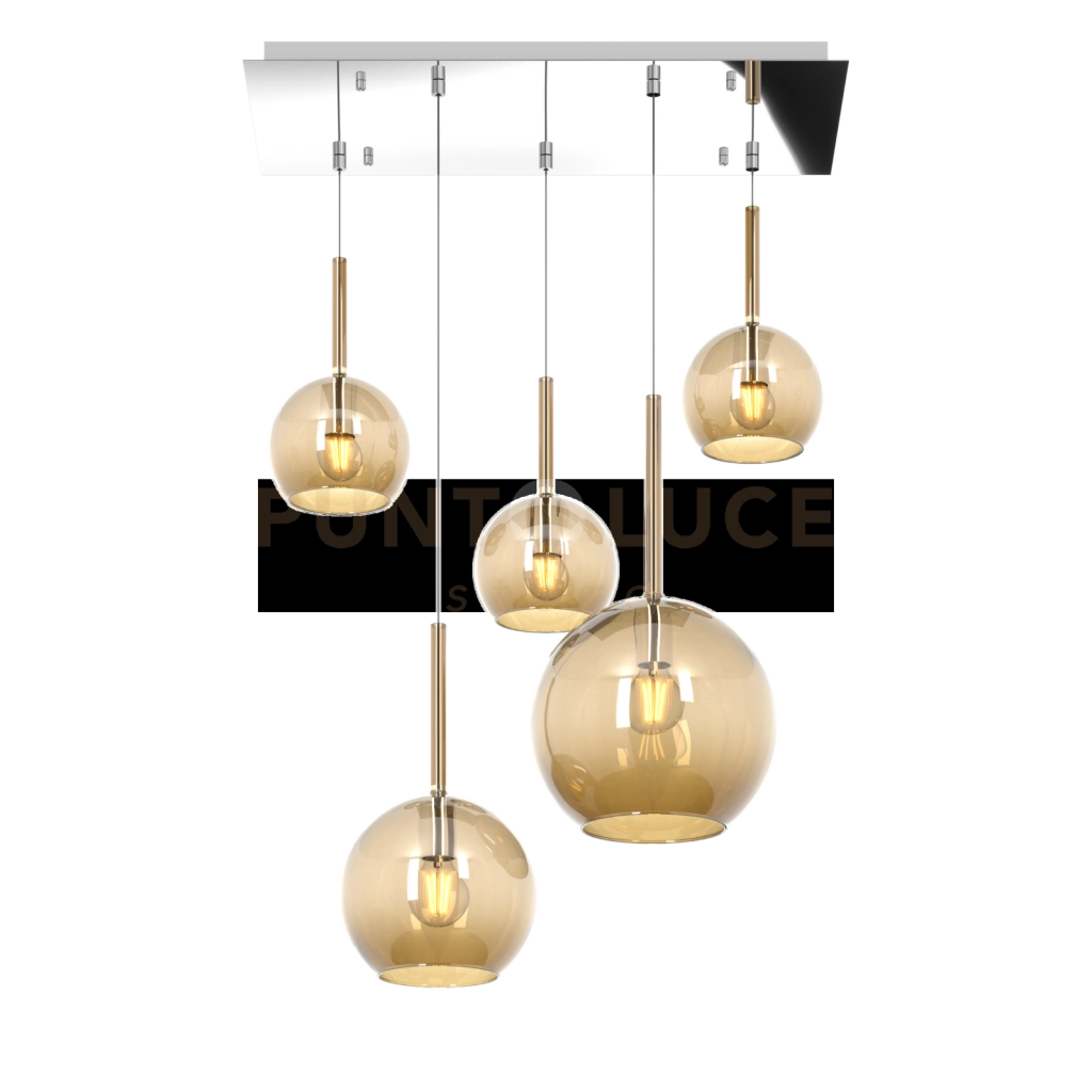 SOSP. CROMO RETTANGOLARE 5 LUCI VETRI (1 GRANDE+1 MEDIO+3 PICCOLO) TUTTI AMBRA 1155CR-S5 RMIX-AM