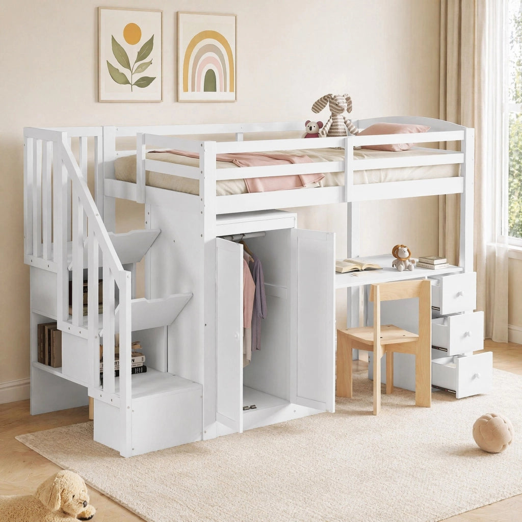 LETTO a soppalco 90x200 cm bianco in legno di pino con scrivania e armadio