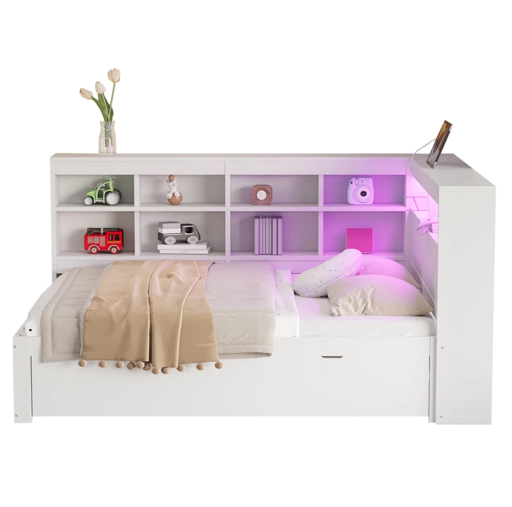 Letto matrimoniale multifunzione in legno 140x200 cm con contenitori, USB e LED