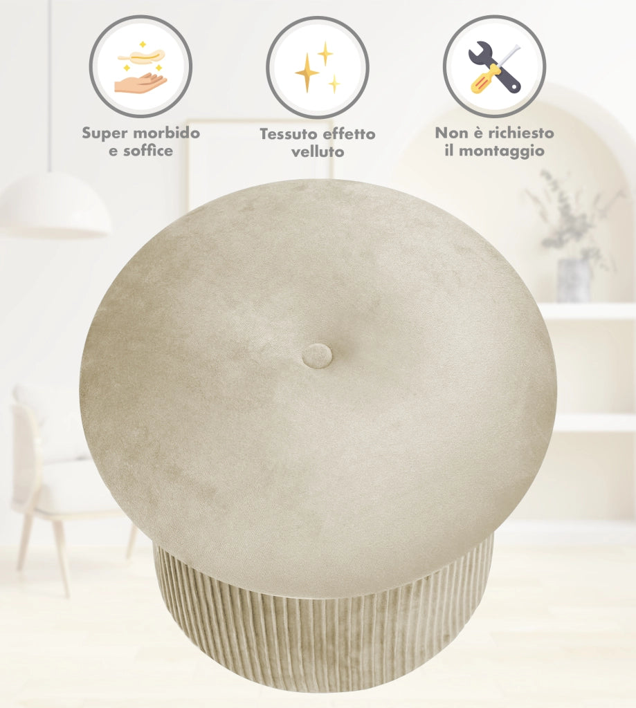 Pouf Contenitore in Velluto a Forma di Fungo – Poggiapiedi e Seduta Moderna 38x44 cm, Design Elegante Disponibile in 4 Colori Beige