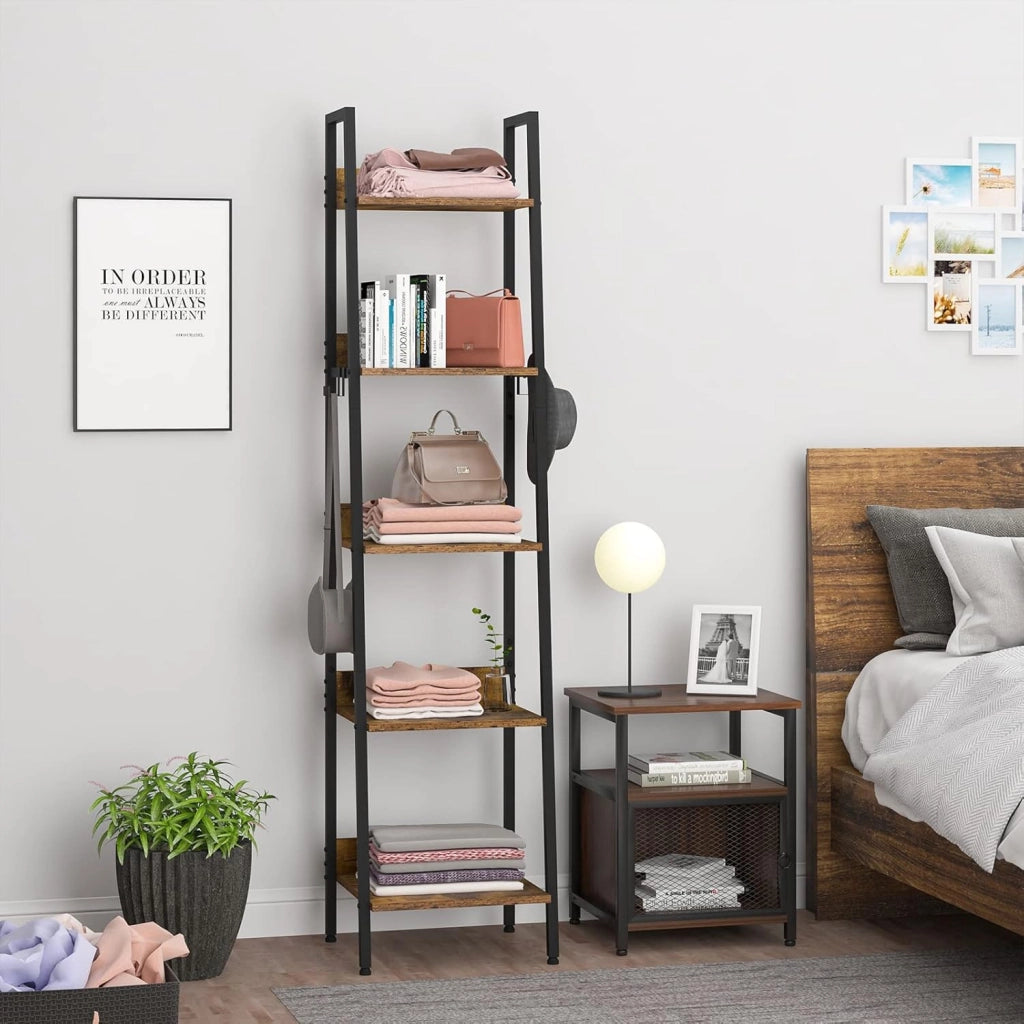 Libreria a 5 Ripiani, Scaffale con 4 Ganci Industriale, Scaffale a Scala in MDF e Metallo per Soggiorno, Cucina, Studio, Ufficio,Nero,40x36x170cm RGB9289hov