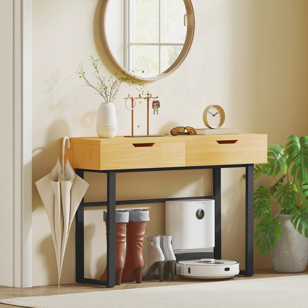 Tavolo console ¨C zephmum ¨C 110 cm, 2 cassetti, metallo, legno naturale