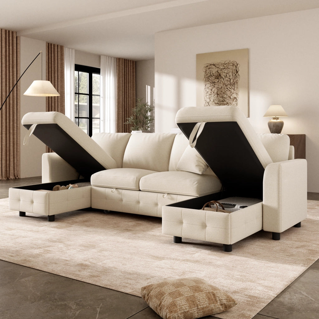 Divano letto a U in chenille beige con funzione estraibile, 2 chaise longue contenitore, USB e Type-C, 260¡Á128¡Á82 cm