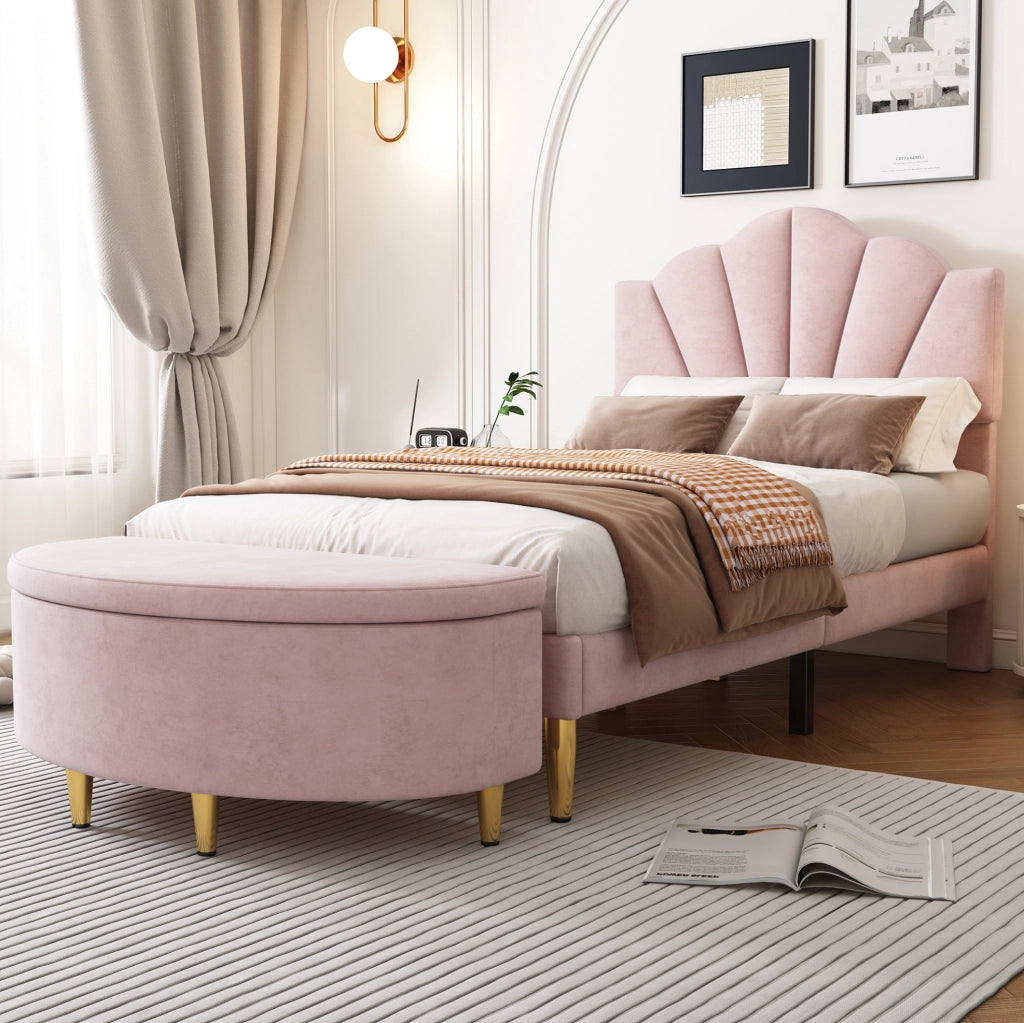 Letto imbottito rosa in velluto 90 x 200 cm con testiera regolabile