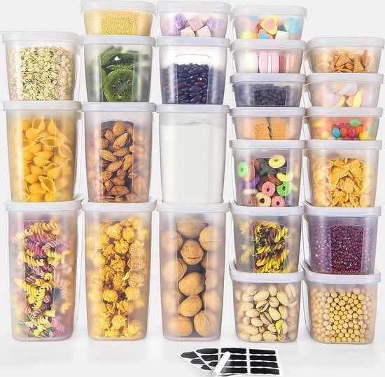 Scatole di stock con coperchio, 24 pezzi, versione aggiornata, scatole di stock a tenuta d'aria, cucina, contenitore di archiviazione per pasta, farina, zucchero, snack, organizzazione della camera di stock, cassetti, armadi