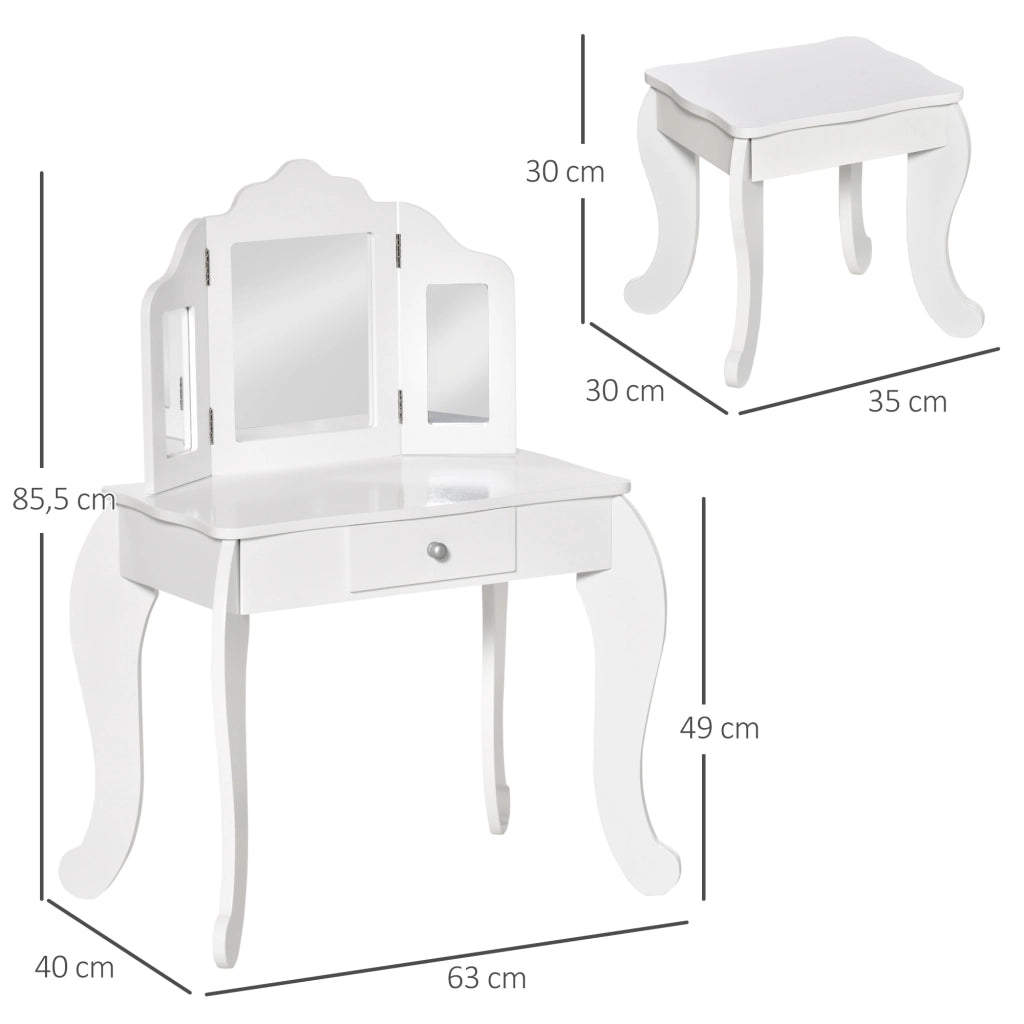 Scrivania con Specchio e Cassetto per Bambini ¨C zephmum ¨C Bianco 63x40x85.5 cm