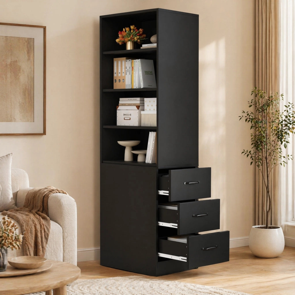 Libreria alta con 3 cassetti laterali e 4 vani aperti con ripiani regolabili per piccoli spazi nera 60 × 38 × 180 cm