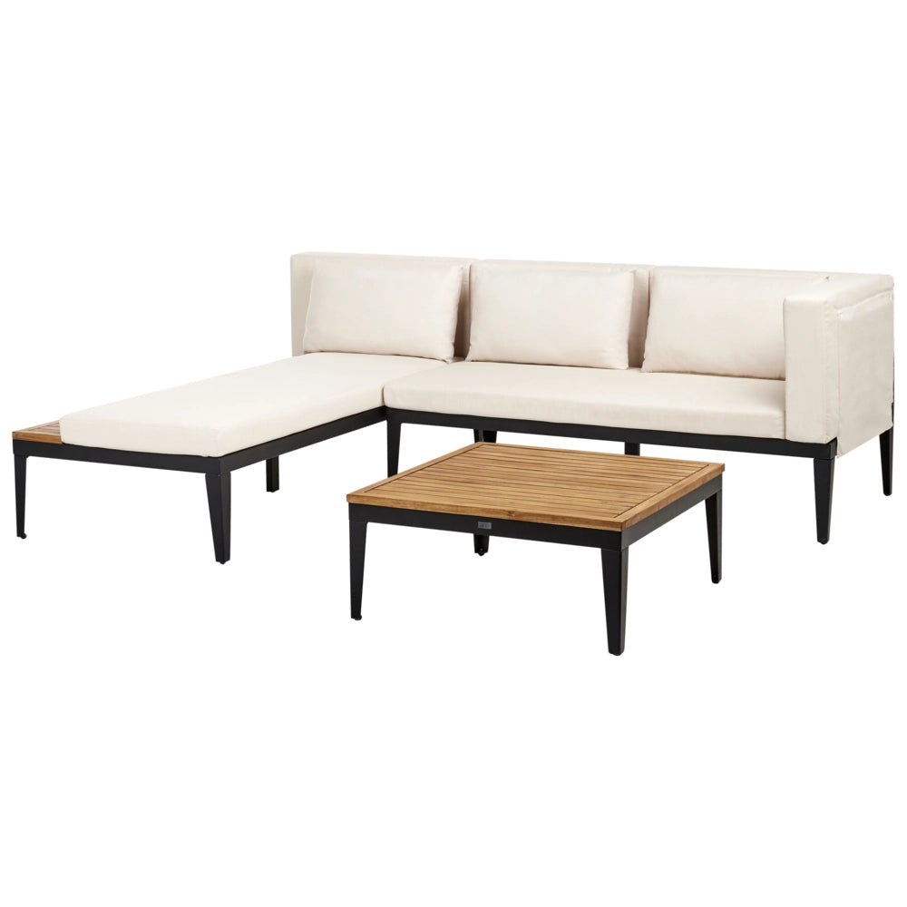 Set di divani angolari da giardino a 3 posti a destra Legno di acacia chiaro certificato Cuscini beige chiaro con tavolino da caffè
