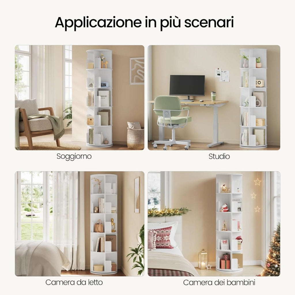 Libreria Girevole a 5 Livelli, Scaffale Angolare Rotante con 20 Scomparti, Organizer Autoportante per Soggiorno, Camera e Ufficio, in Legno Bianco