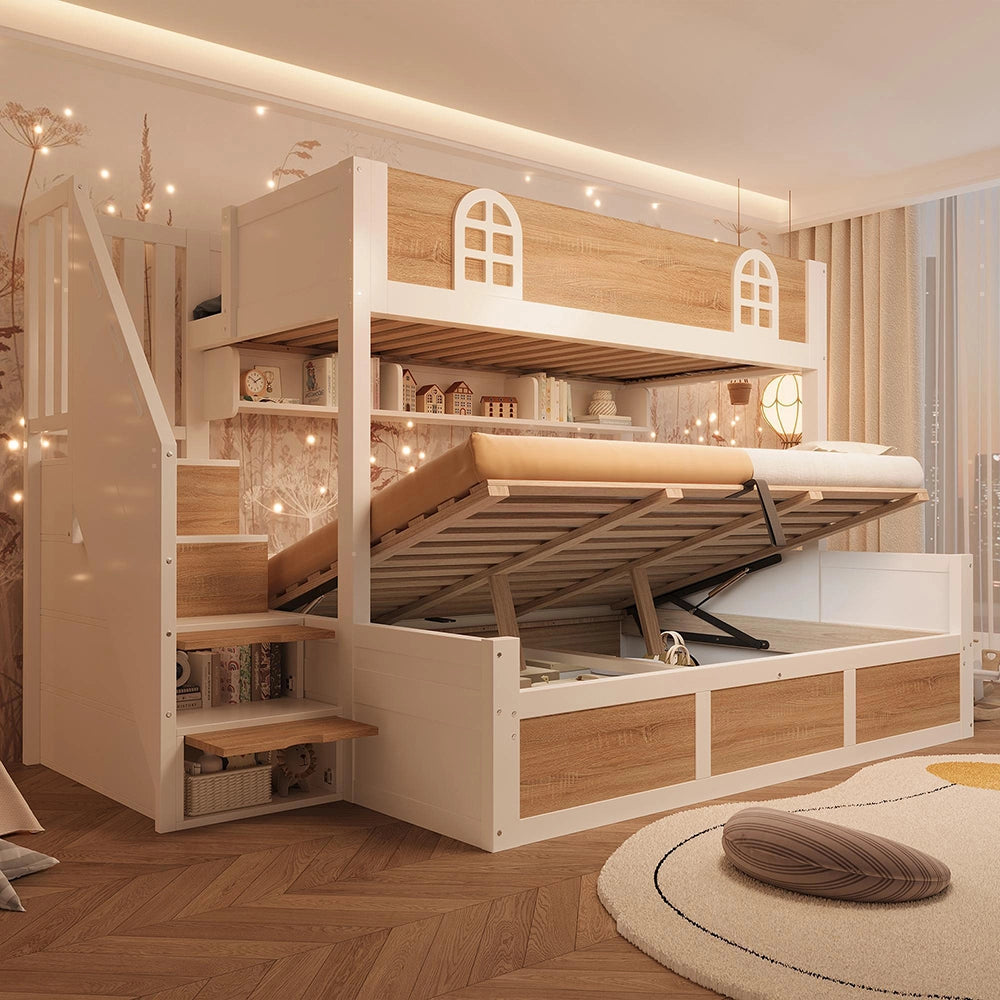 Letto a castello per bambini con spazio di archiviazione - Xylo - 90x200 e 140x200 cm, bianco naturale, sicuro