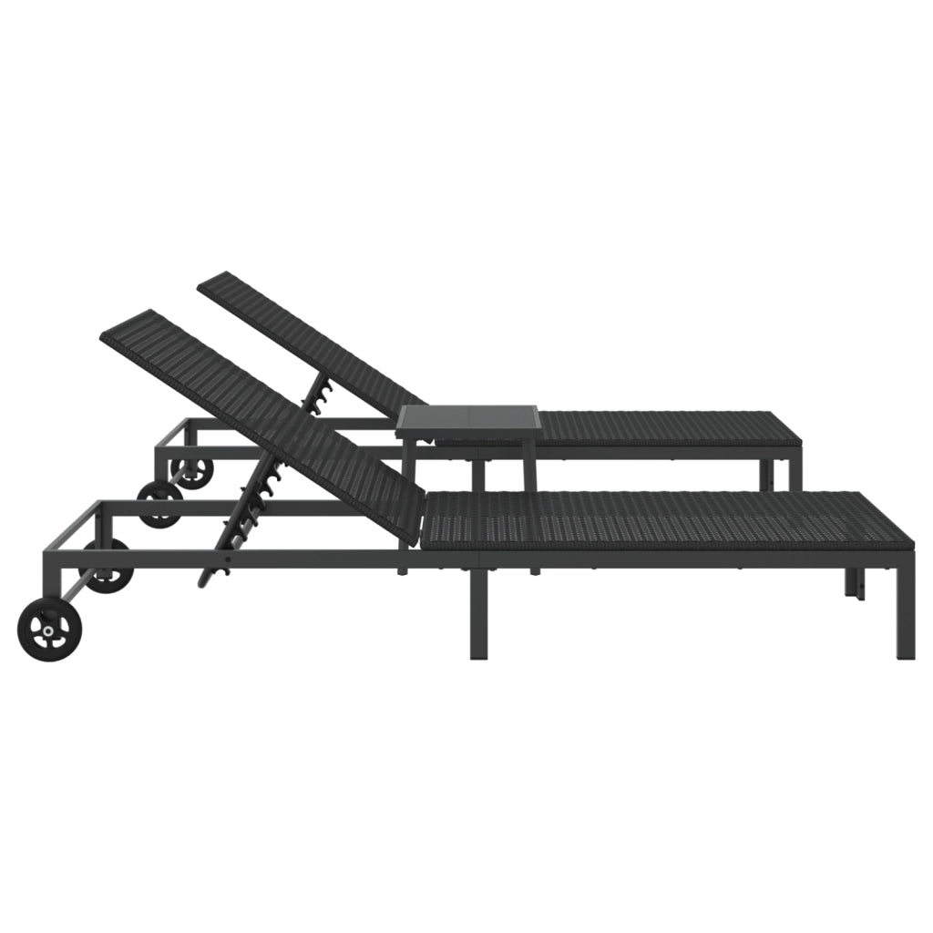 Lettini 2 pcs con Ruote e Tavolo Nero Polyrattan