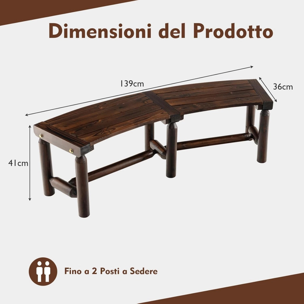 Panchina da Esterno in Legno per 2-3 Persone, Portata 325 kg, Panca Curva con Sedile Ampio e a Doghe, Panchina da Balcone, Giardino e Cortile (Marrone)