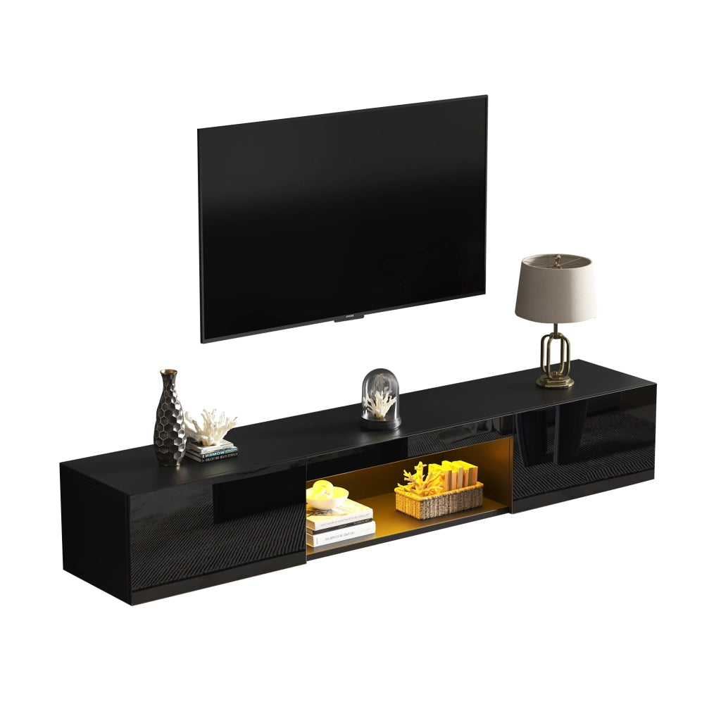 Mobile TV sospeso con 2 ante; vani aperti e LED - per soggiorno - 160x31x22 cm - nero