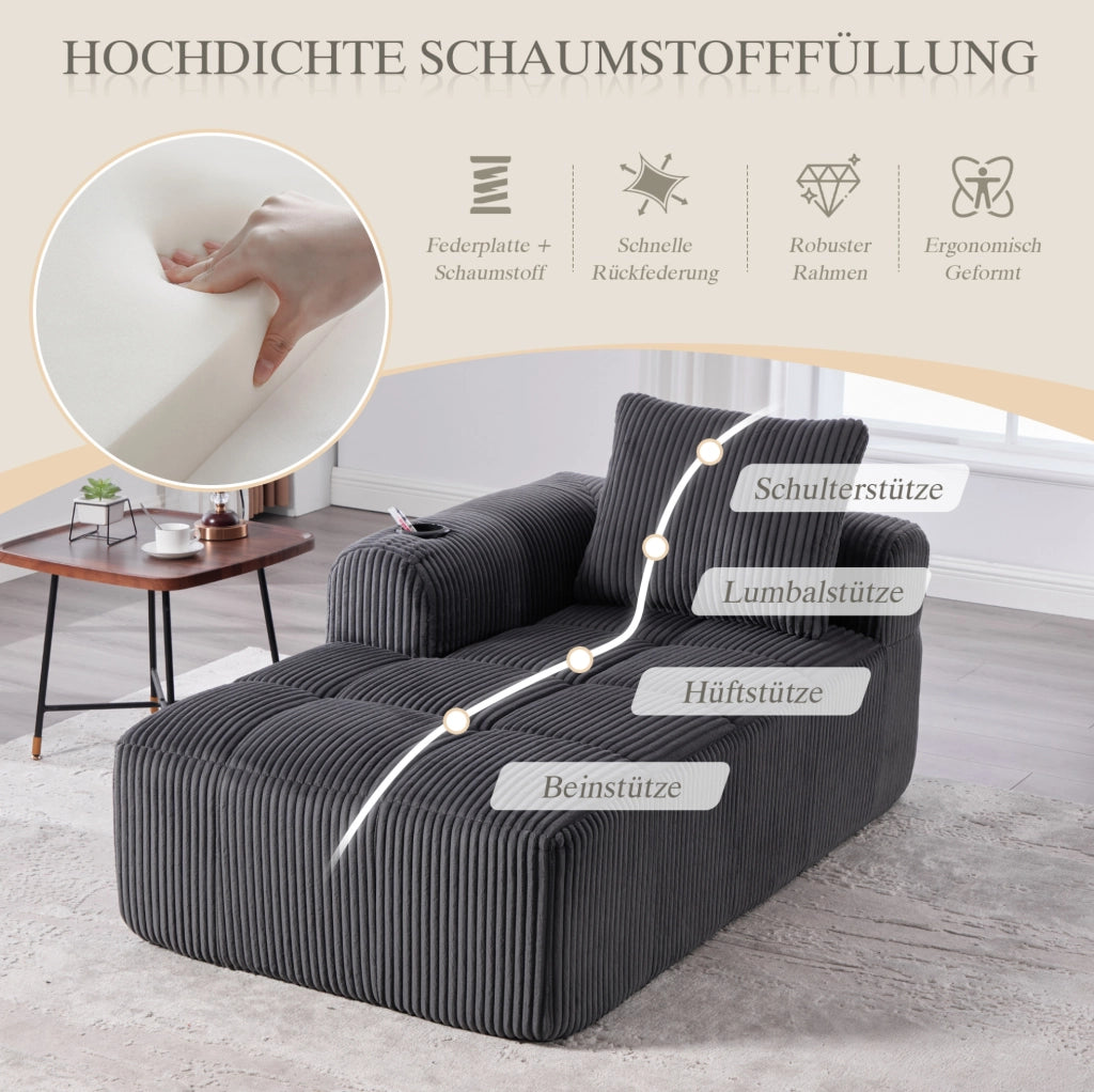 Divano compatto in corduroy con tasche laterali e portabicchieri; 158x93x61 cm; grigio scuro