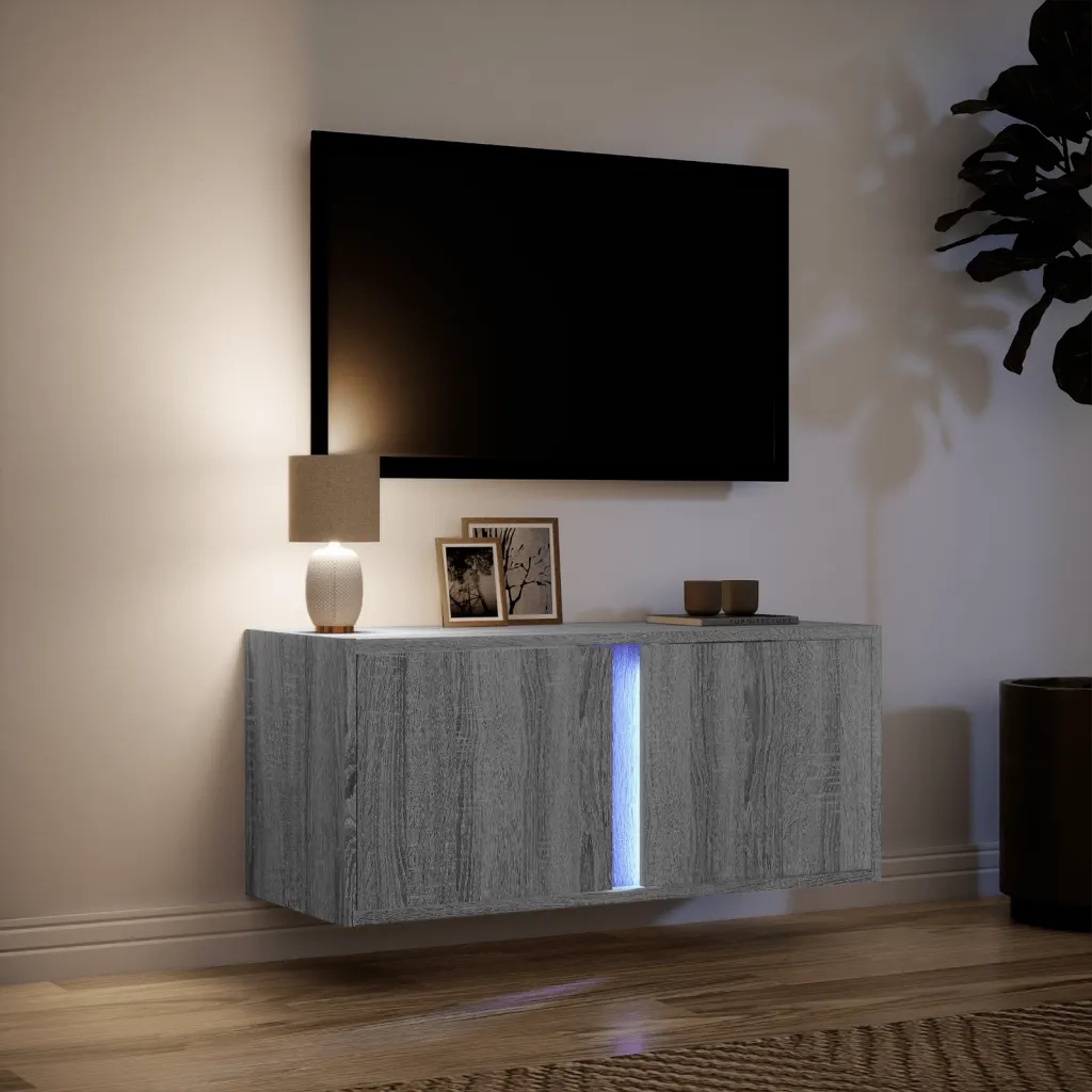 Mobile TV a Parete con Luci LED Grigio Sonoma 80x31x35 cm