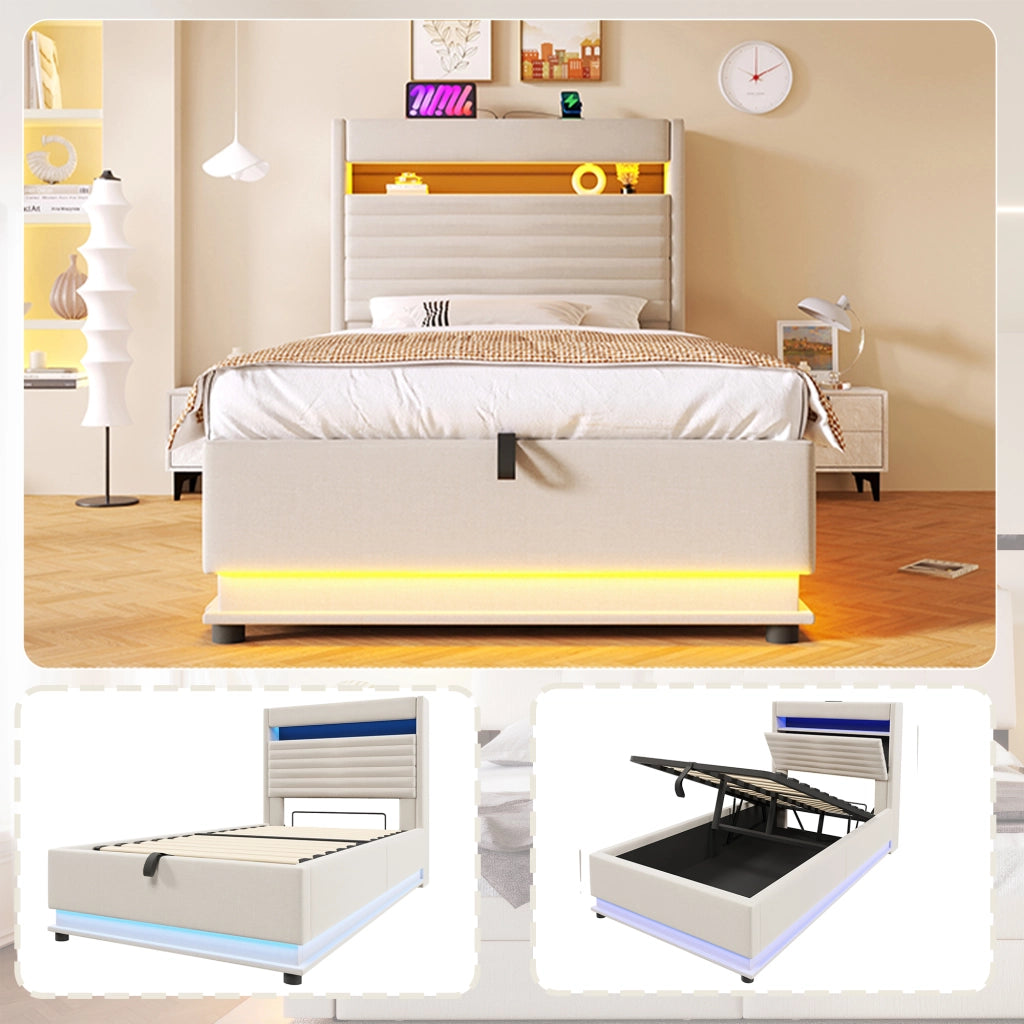 DESMIU Letto contenitore 90 × 200 cm 1 posto con USB, Tipo C, LED regolabile e vano idraulico, senza materasso