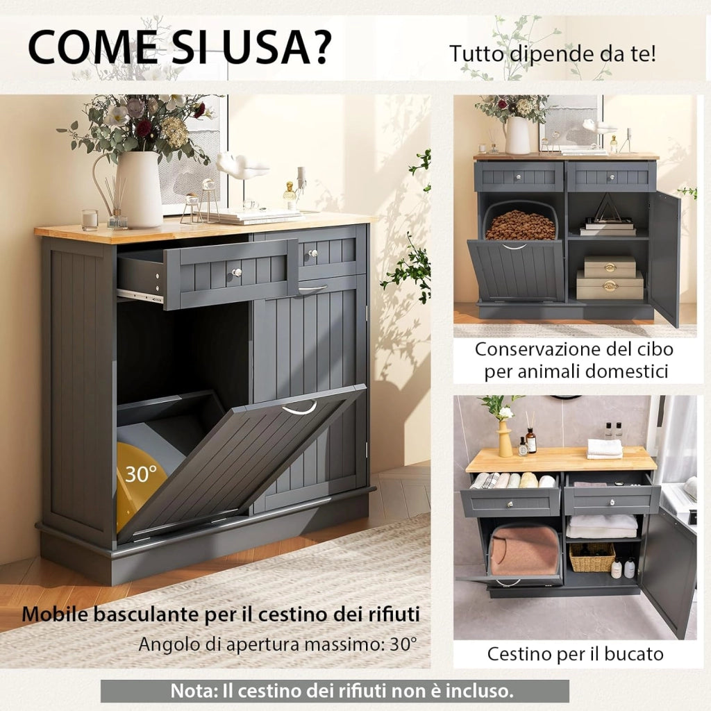 Credenza Cucina, Mobile per Pattumiera Ribaltabile con Piano in Legno di Gomma 2 Cassetti e Ripiano Regolabile, 100x35,5x90 cm (Grigio)