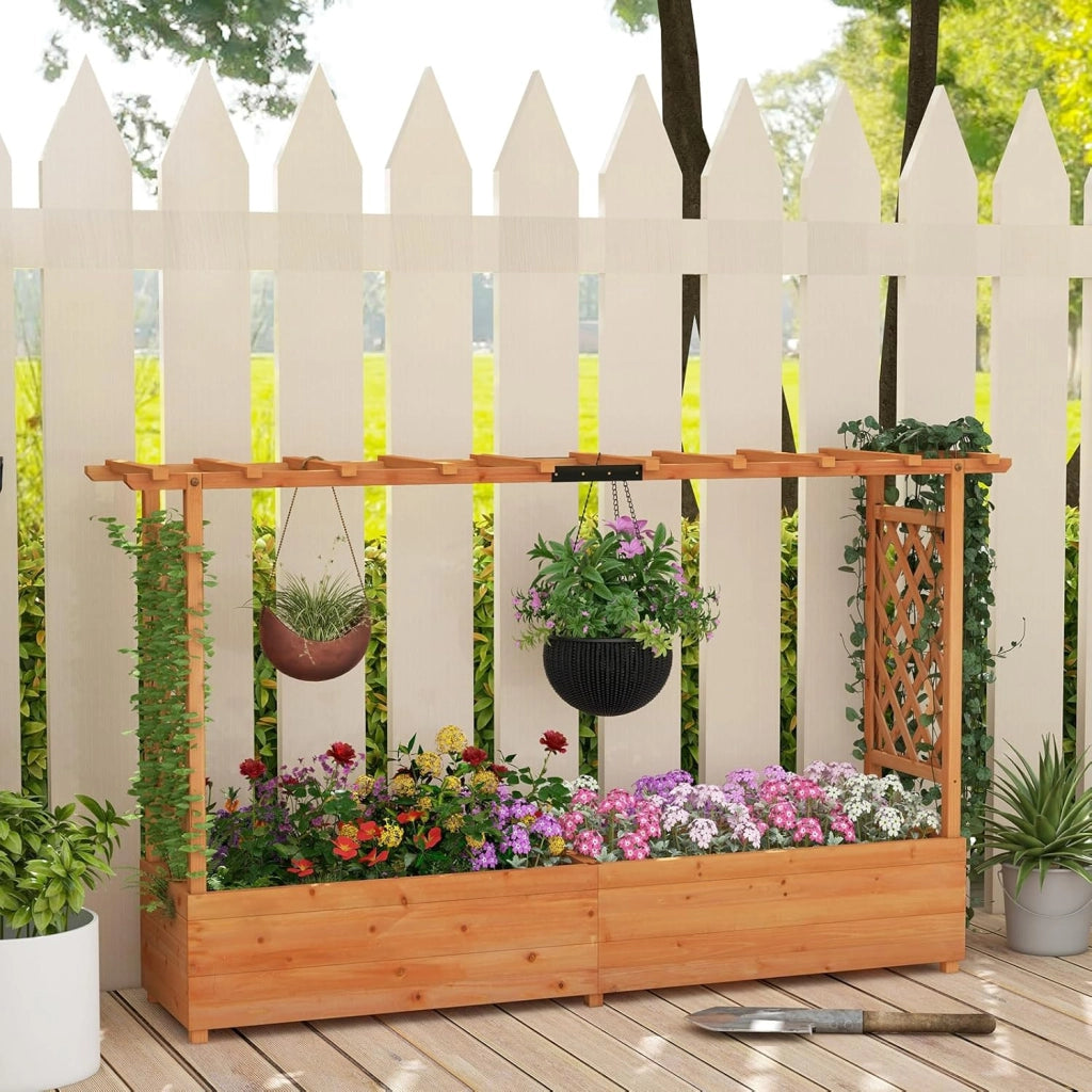 Fioriera Rialzata con Grigliato, Aiuola Rialzata con Traliccio per Piante Rampicanti e Fori di Drenaggio, Orto Elevato da Giardino, Terrazzo e Cortile (Arancione, 200 x 44 x 114 cm)