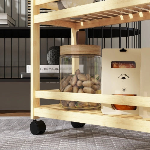 Carrello multiuso 55x20x75 cm a 3 ripiani con manico e ruote in bambù naturale