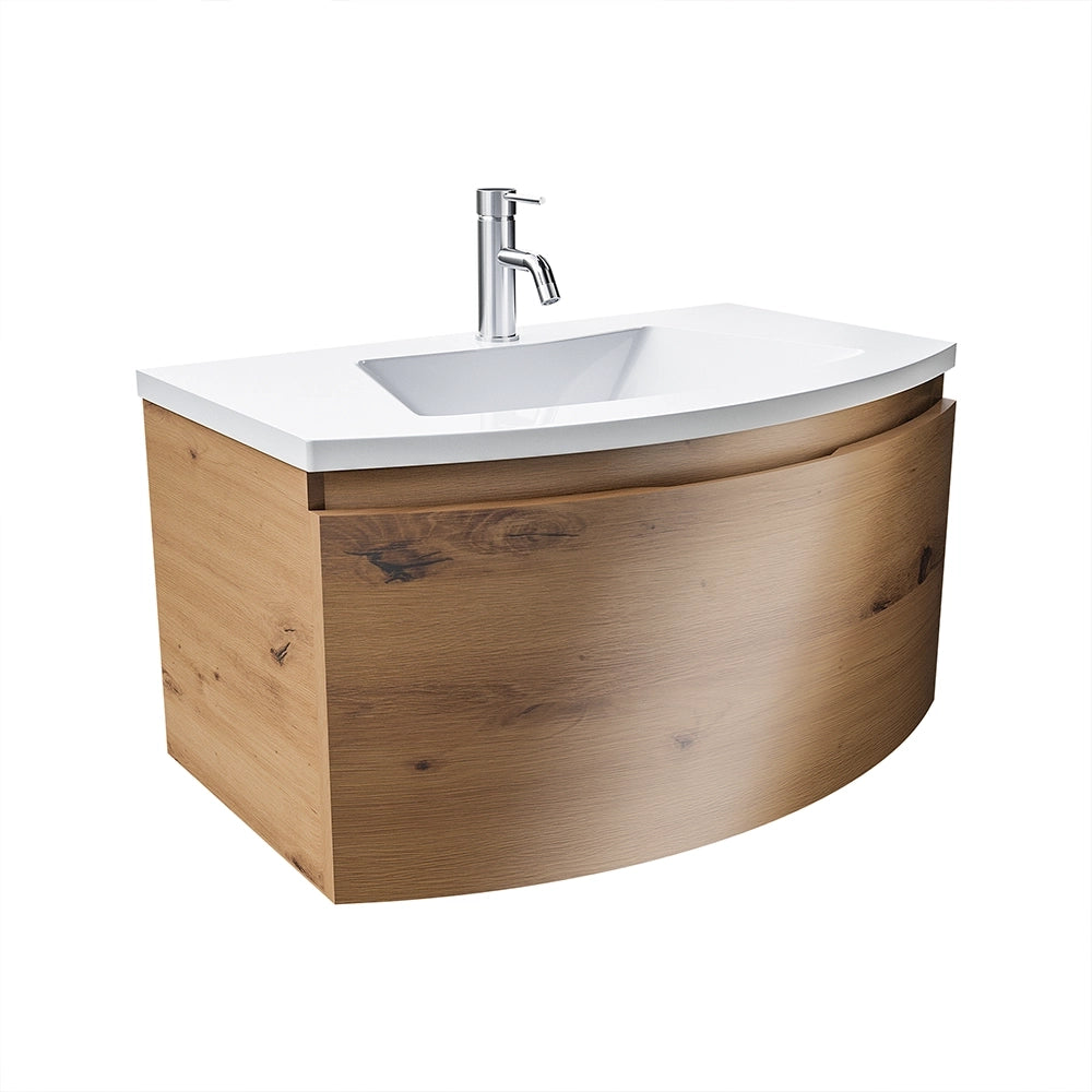 Mobile sospeso 100 cm rovere oro con un cassetto e lavabo in ceramica, frontale curvo | Lula