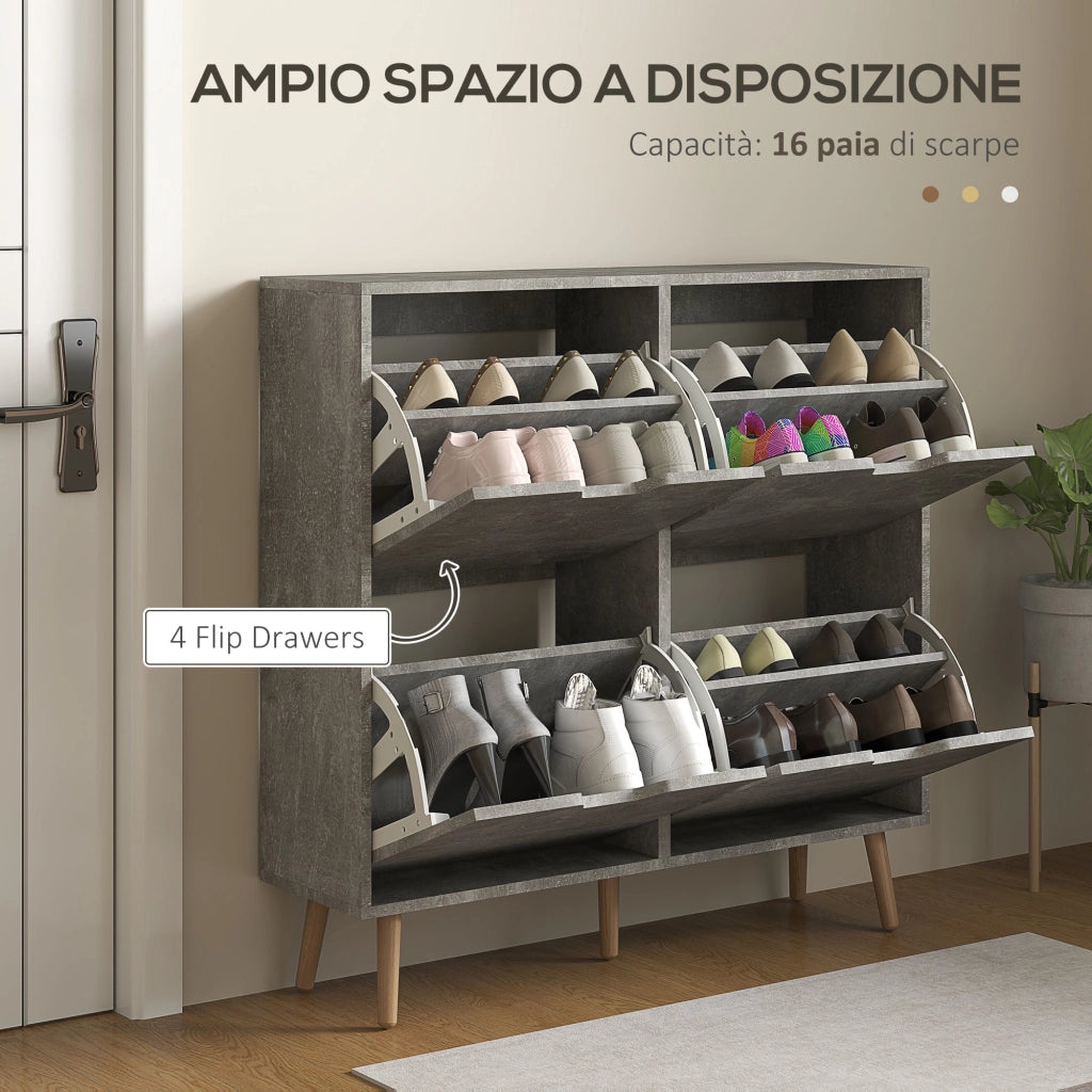 Mobile Scarpiera con 4 Cassetti Ribaltabili 95x26x95 cm a 2 Livelli per 16 Paia in Legno Grigio