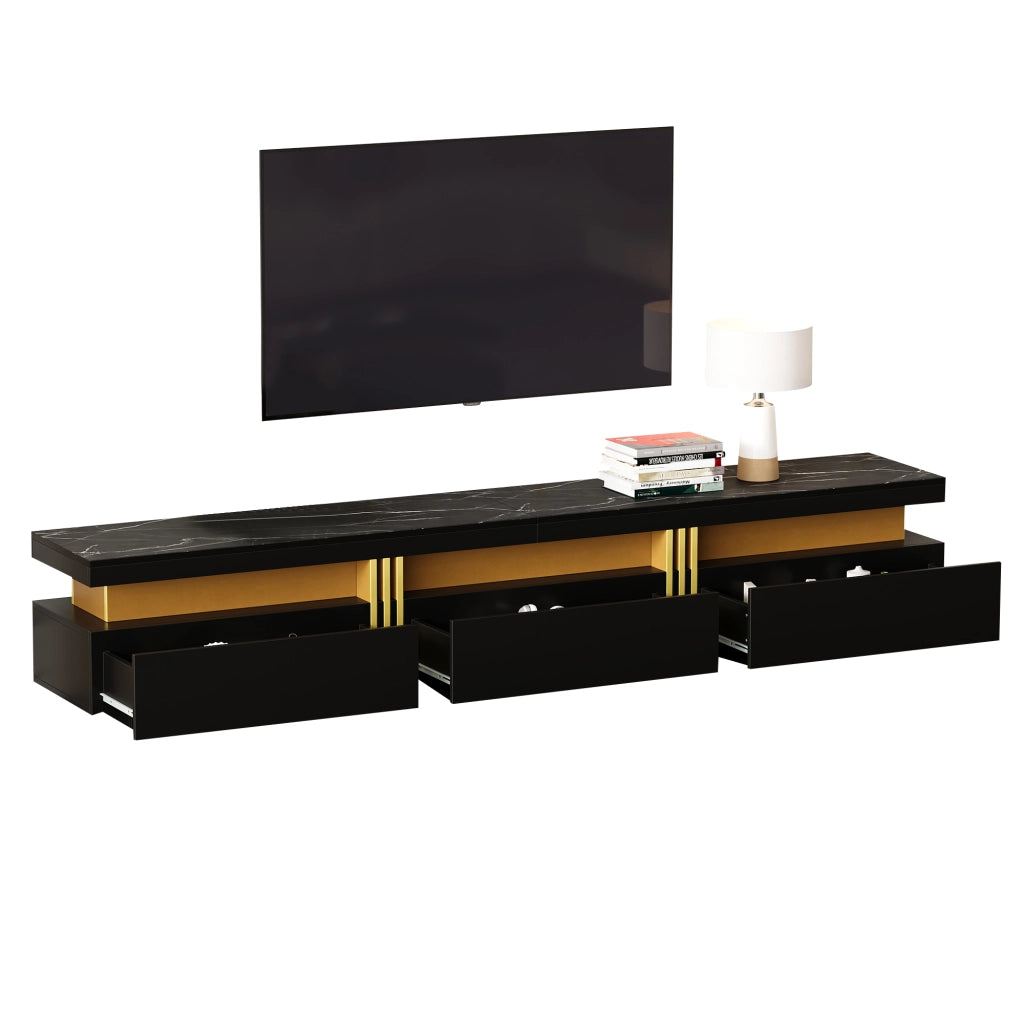 Mobile TV con 3 Cassetti e Foro Passacavi; Effetto Marmo; per Soggiorno; in Pannello di Particelle; 200 × 40 × 42 cm; Nero