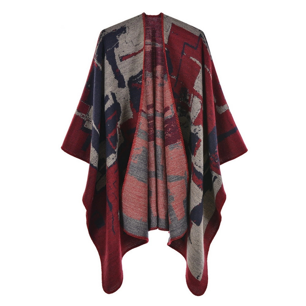 Nuovo scialle/mantella in jacquard di cashmere alla moda con spacchi, spesso e ampio, da donna.