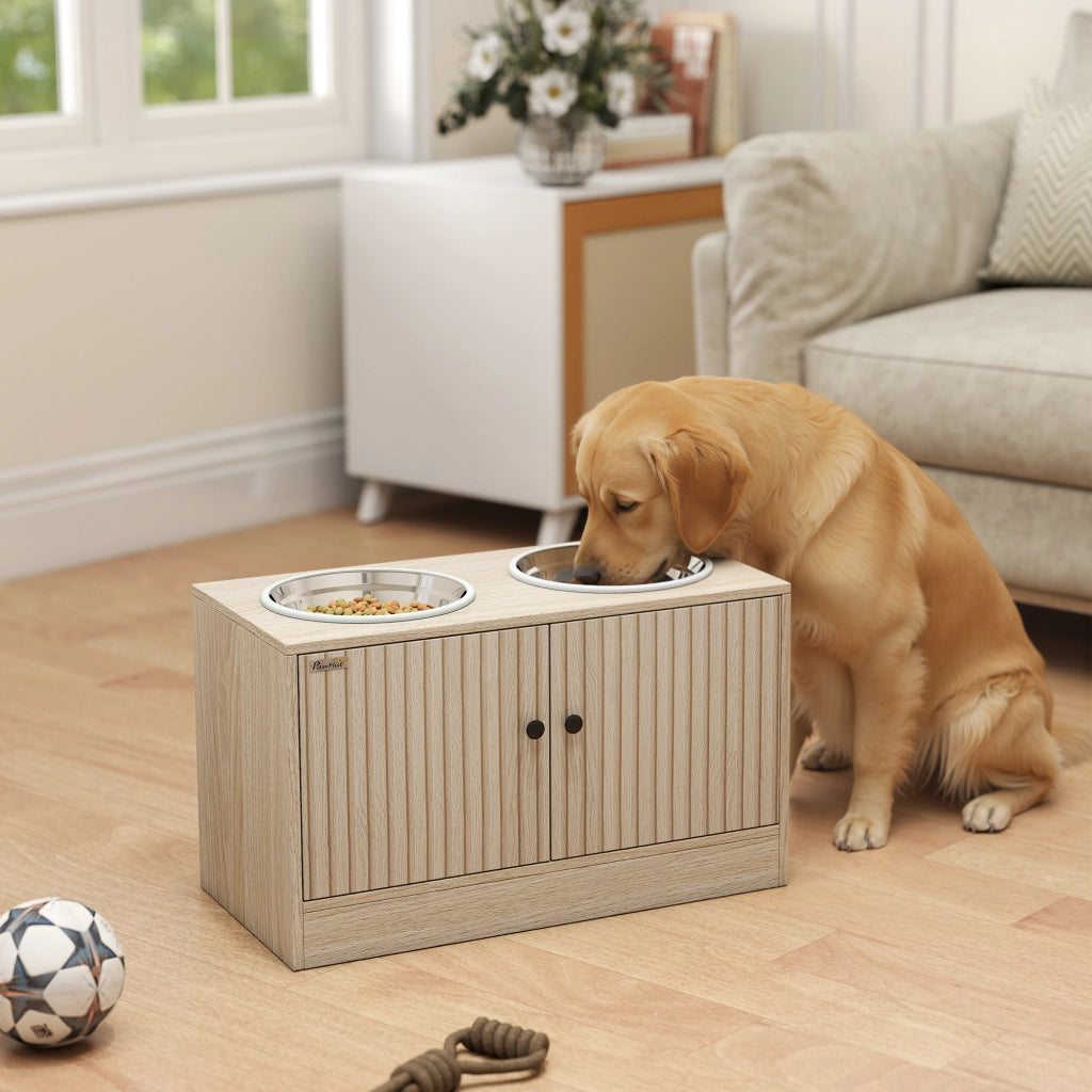 Ciotole rialzate per cani con contenitore 40L ¨C Xylo ¨C 2 ciotole inox 60x30x35,5cm quercia