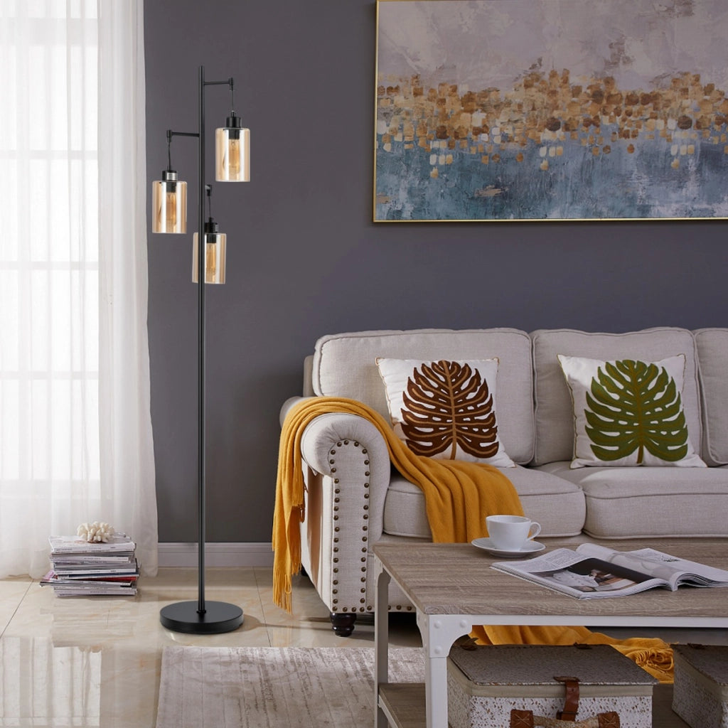 Lampada da lettura retr¨° con paralume in vetro ambrato a 3 teste sospese, Lampada da terra per soggiorno da letto Nero