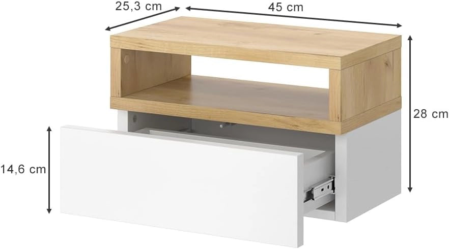 Comodino camera da letto Urbano, Quercia dorata, Set di 2, montabile a parete per un utilizzo salvaspazio in camera da letto
