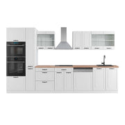 Mobile da cucina R-Line Bianco rustico/Bianco 350 cm con armadio alto, PL Rovere Vicco