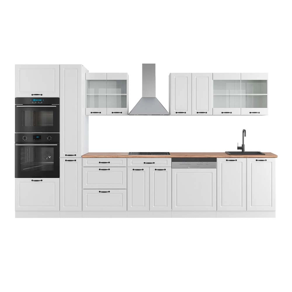 Mobile da cucina R-Line Bianco rustico/Bianco 350 cm con armadio alto, PL Rovere Vicco