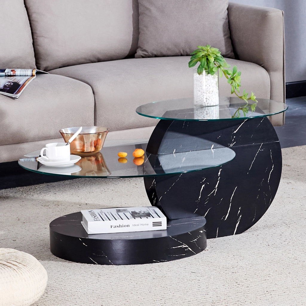 TAVOLINO da caffè a più livelli Ø 49,8/69,8 cm MDF e vetro temperato Nero/Trasparente