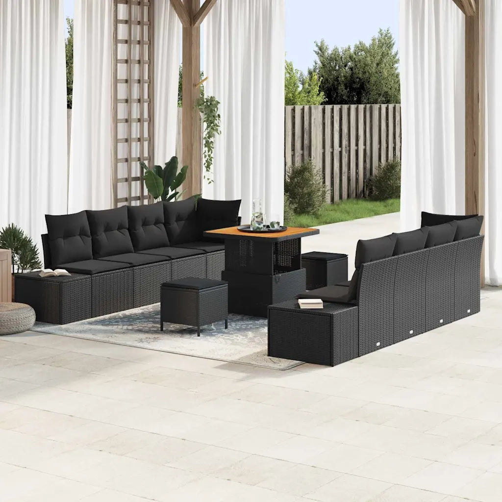 Set Divano da Giardino con cuscino 11 pcs Nero polyrattan