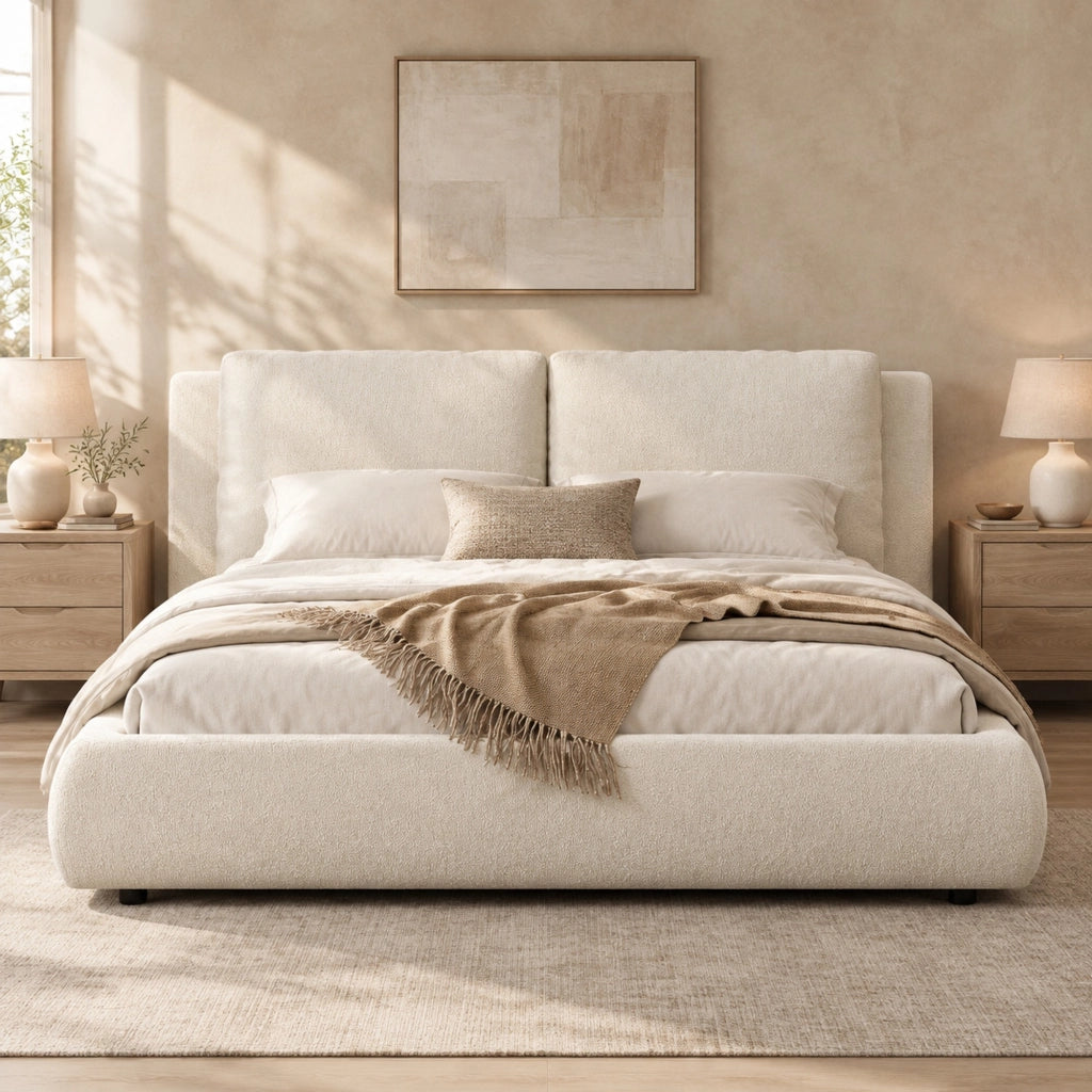 Letto matrimoniale imbottito con contenitore e rete a doghe testiera ergonomica in bouclé beige