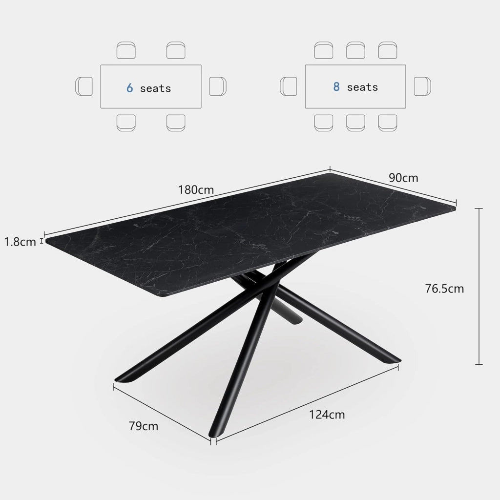 GrandCA HOME Tavolo da Pranzo Rettangolare, Tavolo da Cucina Moderno da 180 cm, Ampia Scrivania in MDF con Gambe in Metallo, per Sala da Pranzo, Soggiorno, Ufficio (Marmo Nero)