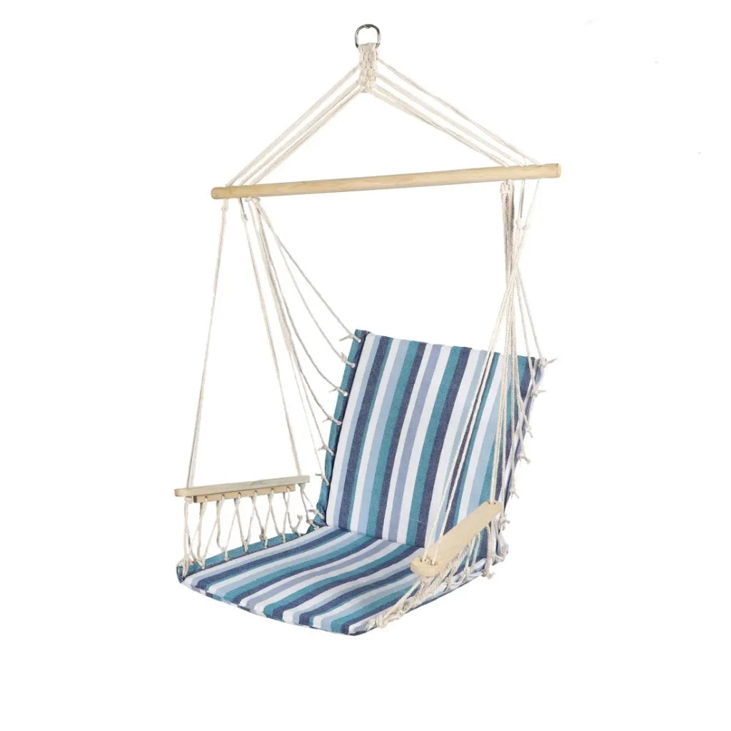Poltrona da giardino sospesa in legno con braccioli – 60x60x100 cm – Blu e bianco – Eleganza e comfort