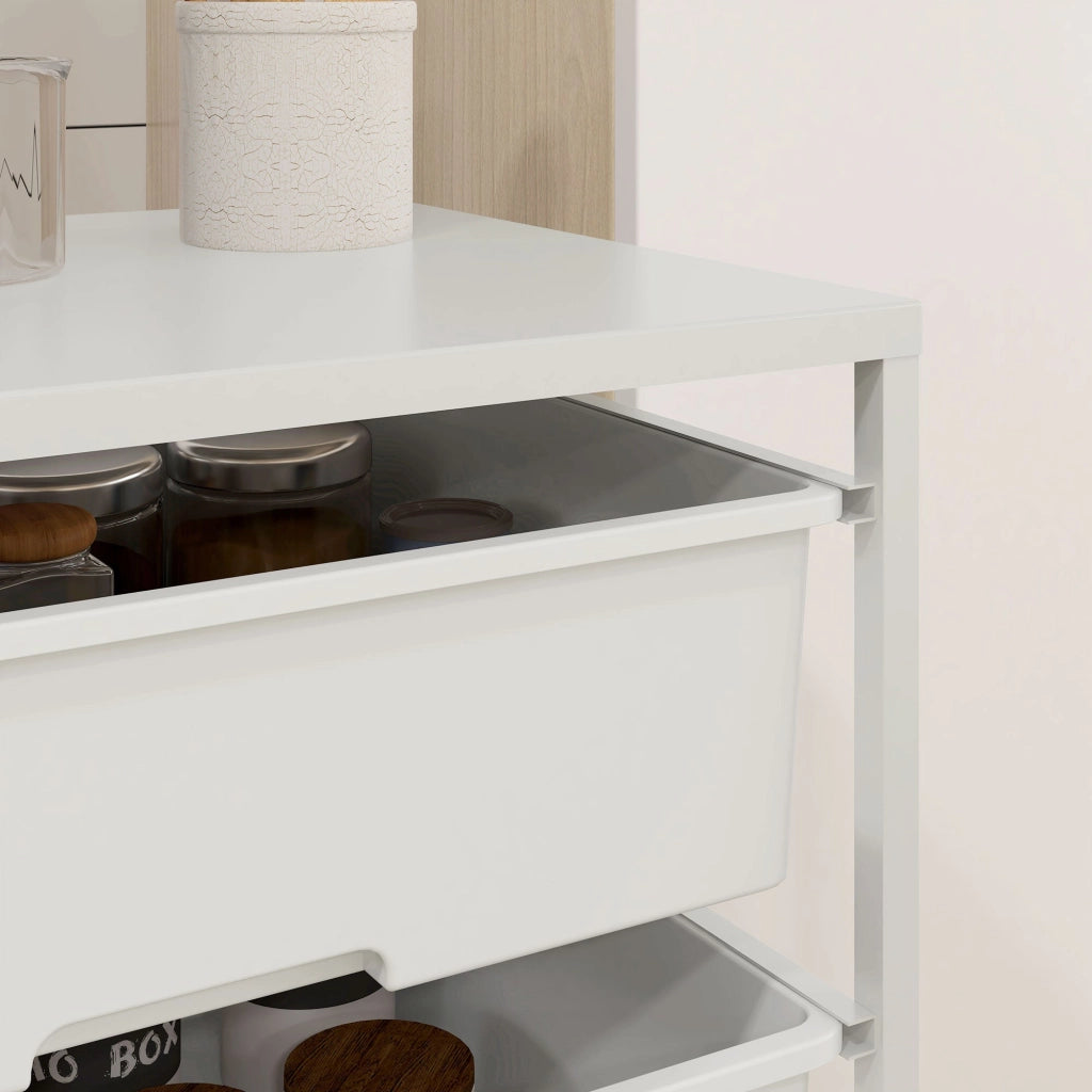 Carrello Multiuso con 3 Cestini Estraibili e Ruote 40,8x33,5x60,5 cm in Acciaio e PP Bianco