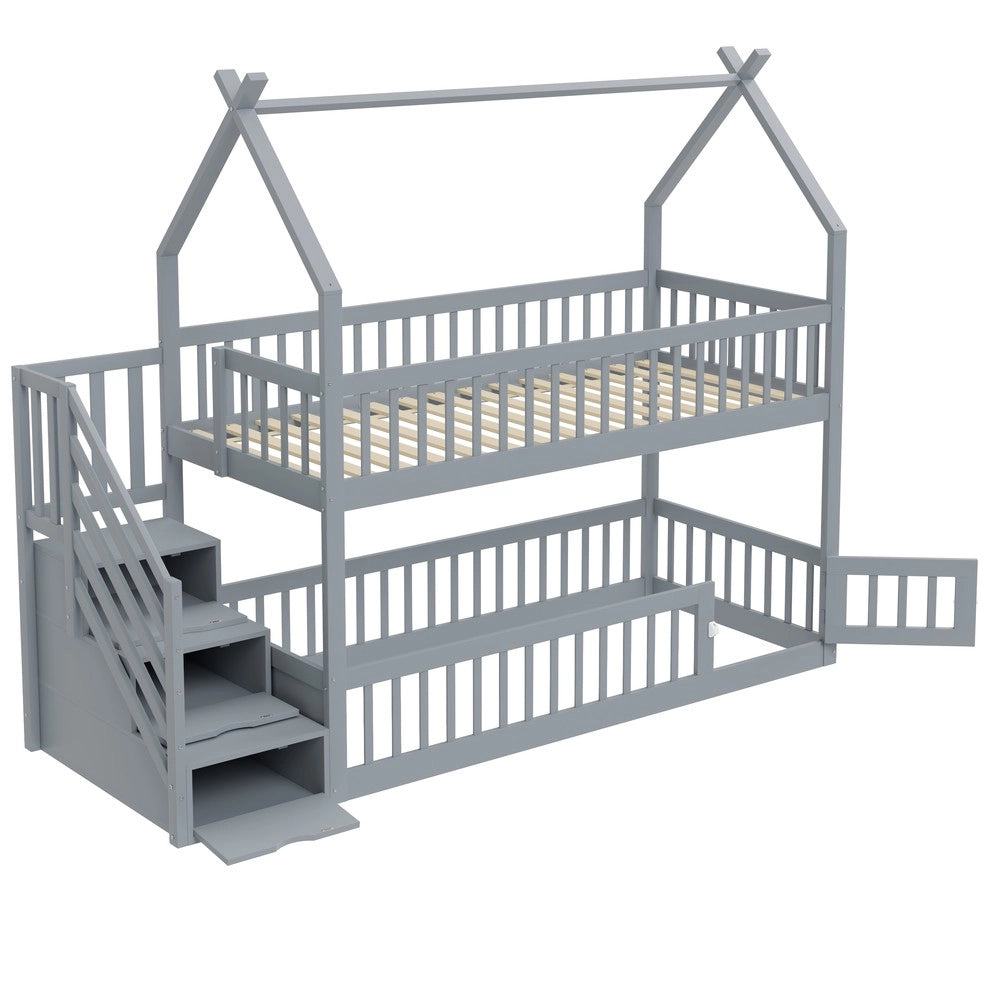 Letto a Castello per Bambini in Legno Massello con Tetto e Cassetti ¨C MINIMAL ¨C Grigio 90x200