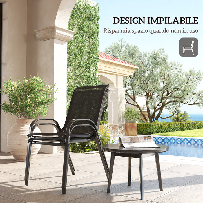 Set 2 Sedie da Giardino 54x71x93 cm Impilabili con Braccioli Curvi in Acciaio e Tessuto Traspirante Nero