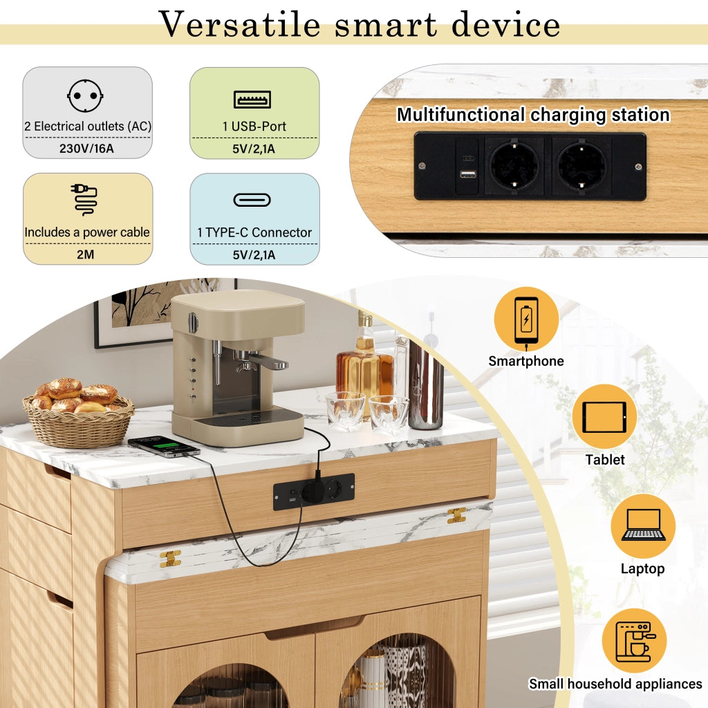 Tavolo allungabile con 2 cassetti; vani e prese elettriche - per cucina - naturale