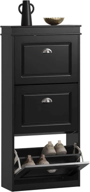 Scarpiera Salvaspazio Slim Legno - Mobile Scarpiera Ingresso Moderna 3 Ante a Ribalta, per Ingresso, Corridoio o Camera da Letto 53x24x117cm Nera FSR94-SCH