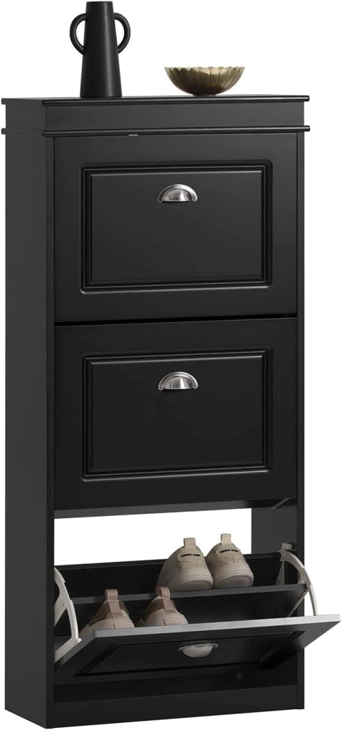 Scarpiera Salvaspazio Slim Legno - Mobile Scarpiera Ingresso Moderna 3 Ante a Ribalta, per Ingresso, Corridoio o Camera da Letto 53x24x117cm Nera FSR94-SCH