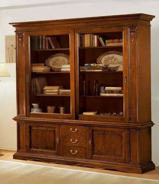 Libreria cristalliera ante scorrevoli legno tinta noce  l.212 p.45 h.220 - Mobili 2G