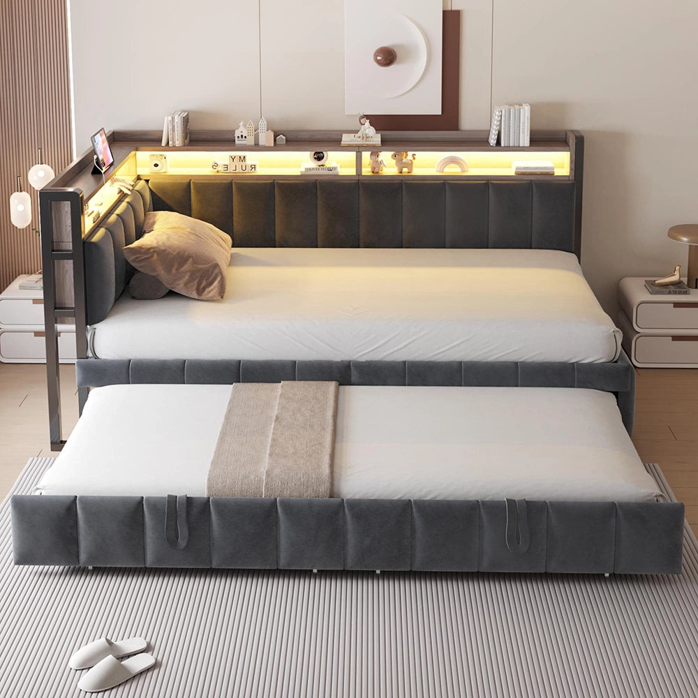 Divano letto 90x200cm?- Xylo - gigogne LED USB velluto grigio scuro